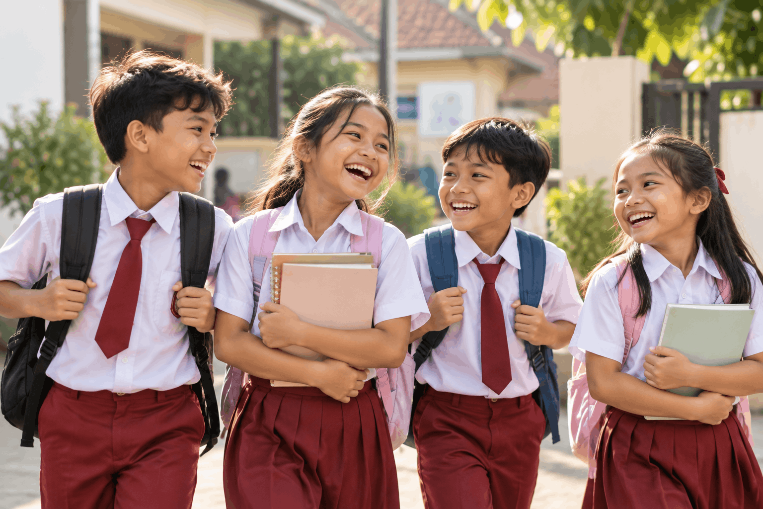 Anak-anak SD Indonesia berseragam merah putih tertawa riang gembira berangkat ke sekolah