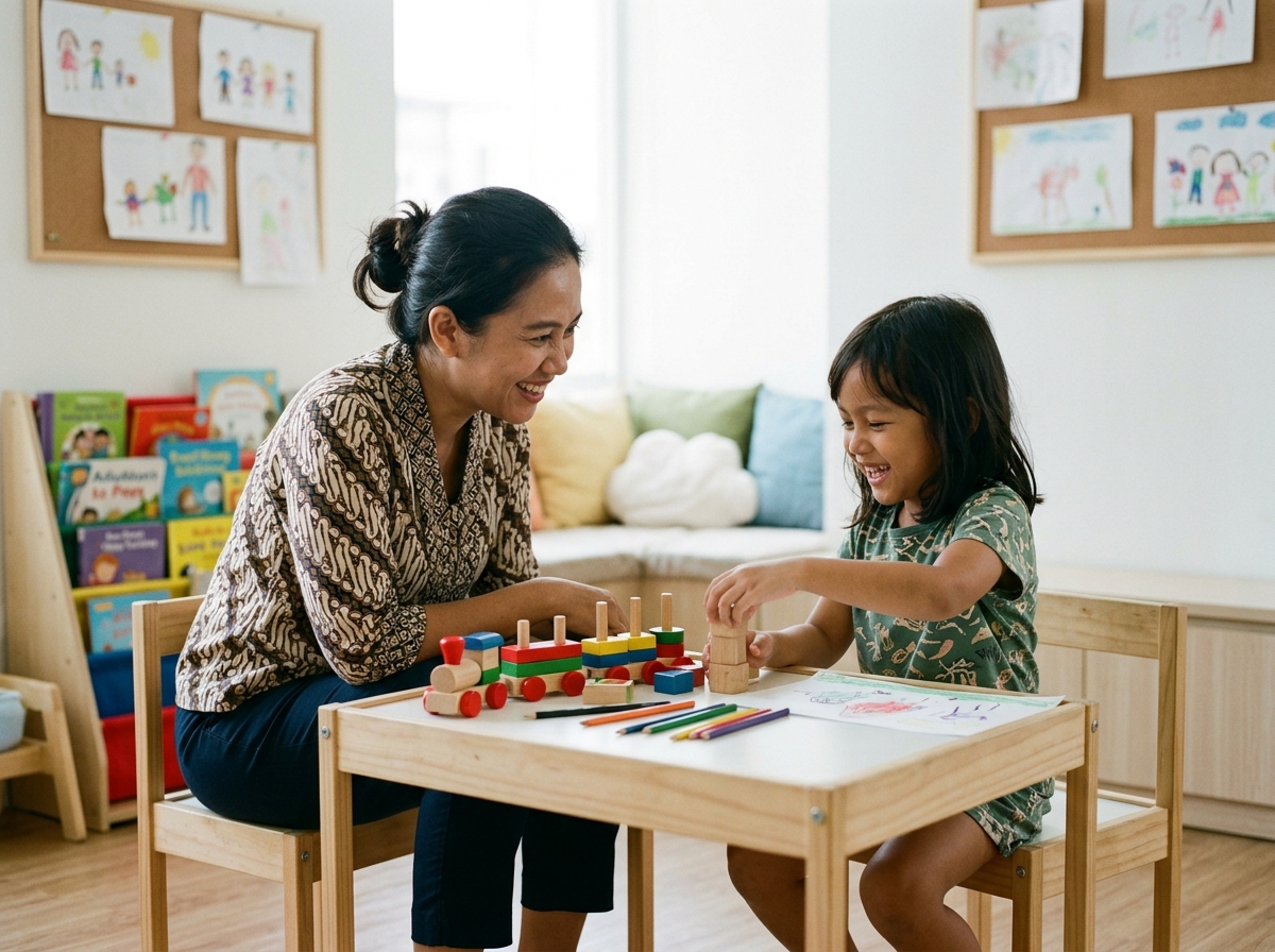 Psikolog anak Indonesia berinteraksi hangat dan ceria dengan anak Indonesia di ruang bermain ramah anak